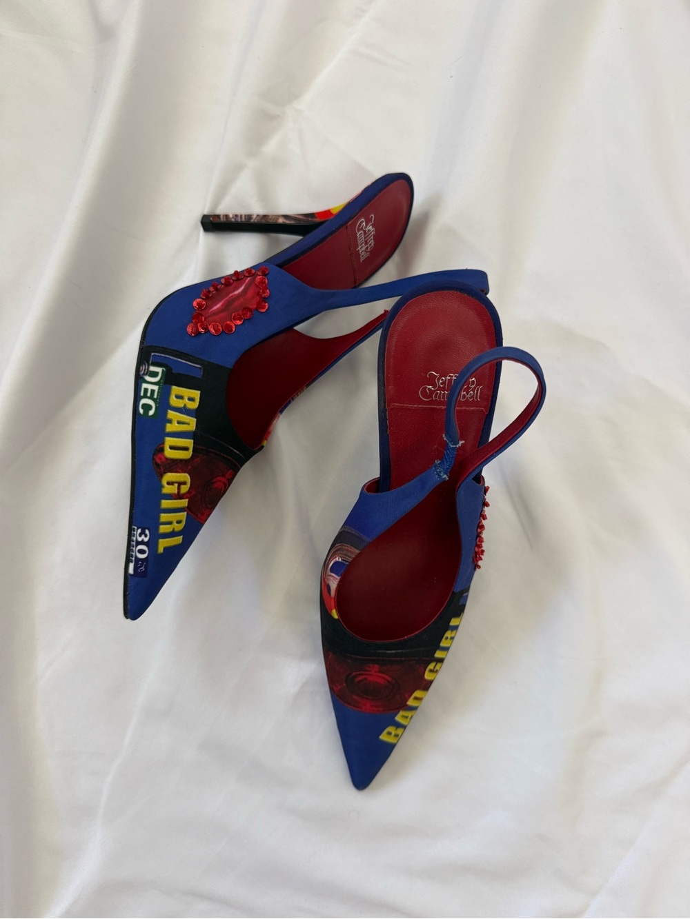 Jeffrey Campbell Blue 'Bad Girl' Graphic Pointed Slingbacks with Red Accents